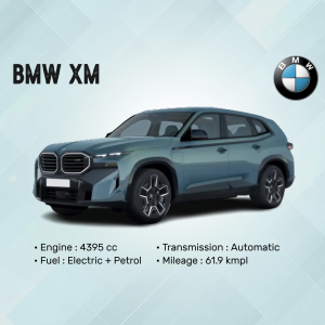 Side view of a blue BMW XM hybrid SUV with specifications listed below.