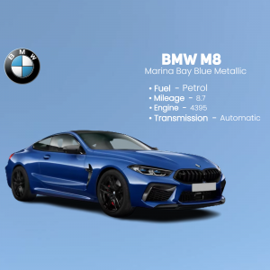 Side view of a blue BMW M8 with specifications listed