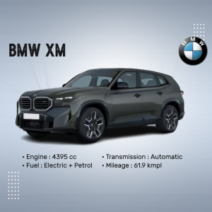 Gray BMW XM hybrid SUV with specifications
