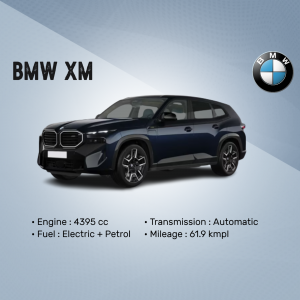 Side view of a dark blue BMW XM hybrid SUV with specifications listed below.