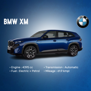 Side view of a blue BMW XM hybrid SUV with specifications listed.