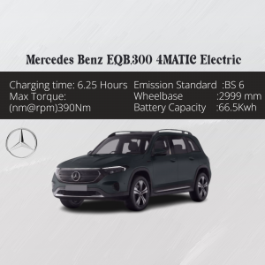 Side view of a dark gray Mercedes-Benz EQB300 4MATIC Electric vehicle with key specifications displayed.