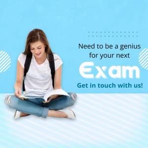 Young woman studying with a book, promoting exam preparation services.