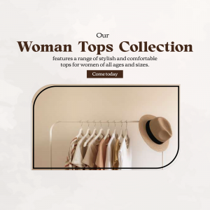 Advertisement for a woman's tops collection featuring a clothing rack and a hat.