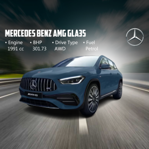 Blue Mercedes-Benz AMG GLA35 car on a blurred road