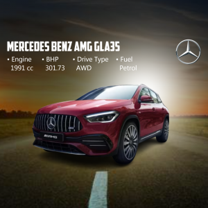 Red Mercedes-Benz AMG GLA 35 on a road with specifications displayed