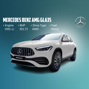 White Mercedes-Benz AMG GLA35 car with specifications listed
