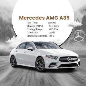 White Mercedes-AMG A35 sedan with key specifications displayed