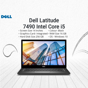 Dell Latitude 7490 laptop with a city skyline on the screen