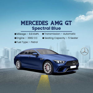 Blue Mercedes AMG GT car advertisement with specifications