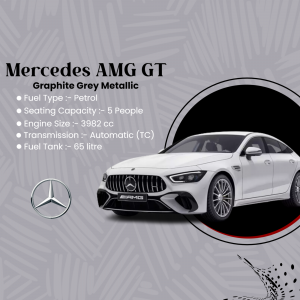 White Mercedes AMG GT car with specifications
