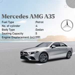 Silver Mercedes-AMG A35 sedan with vehicle specifications