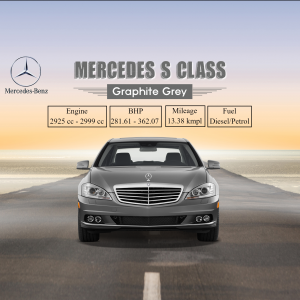 Front view of a grey Mercedes-Benz S-Class with vehicle specifications.
