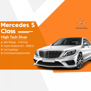 Silver Mercedes-Benz S-Class car with specifications