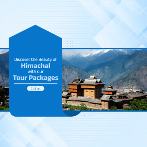 Image promoting Himachal Pradesh tour packages with a scenic view of mountains and a traditional building.