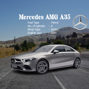 Silver Mercedes AMG A35 sedan parked on a road with a mountain background