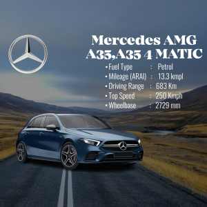 Blue Mercedes-AMG A35 4MATIC sedan on a winding road with vehicle specifications.