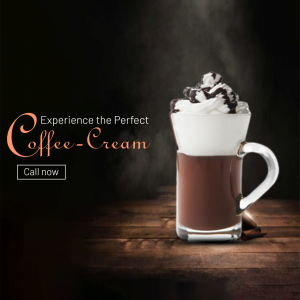 A glass of coffee with cream and chocolate shavings, advertising a coffee experience.