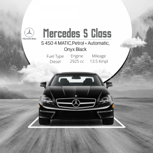 Front view of a black Mercedes-Benz S-Class S 450 4MATIC on a road