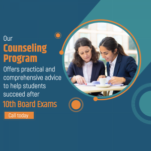 Two women discussing documents, promoting a counseling program for students after 10th board exams.