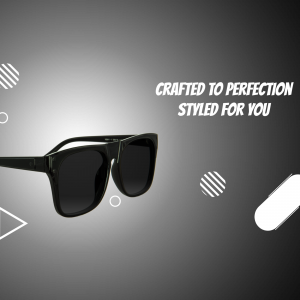 Black sunglasses with a modern design against a gradient background.
