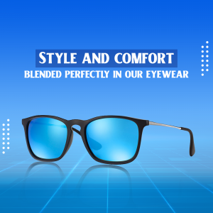 Black framed sunglasses with blue lenses on a blue gradient background