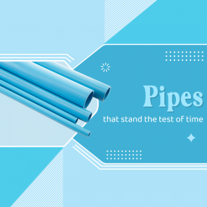 Blue plastic pipes with abstract geometric background and text 'Pipes that stand the test of time'