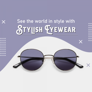 A pair of stylish round sunglasses on a purple and white background with text promoting eyewear.