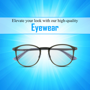 Close-up of a pair of modern eyeglasses against a vibrant blue background.