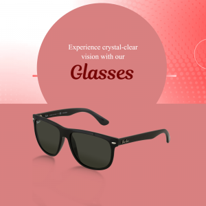 Black sunglasses on a red background with text promoting clear vision.