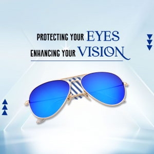 Blue mirrored aviator sunglasses on a light blue background with text promoting eye protection and vision enhancement.