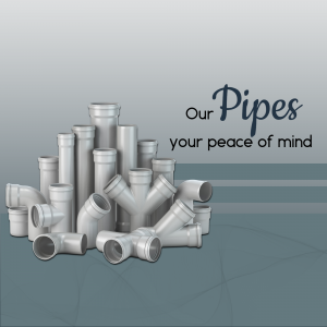 A collection of grey plastic pipes and fittings against a grey geometric background with text.