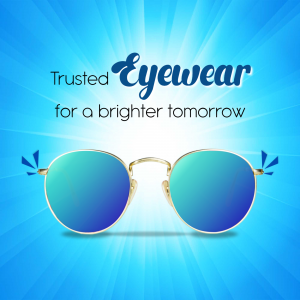 A pair of round gold-framed sunglasses with blue lenses against a bright blue gradient background.