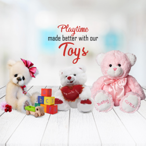 Three teddy bears and colorful toy blocks on a white wooden surface