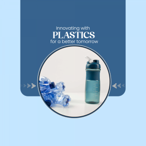 Image of a water bottle and crushed plastic bottles with text 'Innovating with Plastics for a better tomorrow'