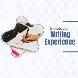 Image of a hand writing in a notebook with a keyboard in the background, promoting writing services or tools.