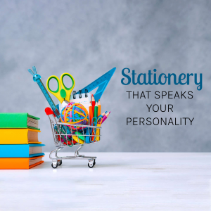 A shopping cart filled with colorful stationery items like pencils, pens, scissors, rulers, and a notebook, placed next to a stack of books.
