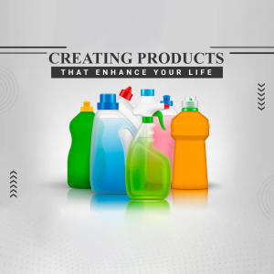 Assortment of colorful cleaning product bottles