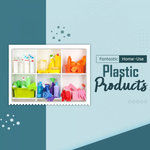 Image of colorful plastic storage containers and cleaning supplies organized on shelves.