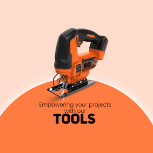 Close-up of a black and orange jigsaw tool on an orange background with text 'Empowering your projects with our TOOLS'