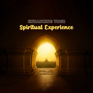 A stone archway leading to a bright sunset and a distant temple, symbolizing spiritual awakening.