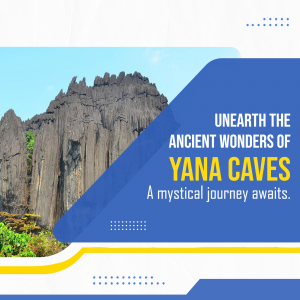 Scenic view of Yana Caves in Karnataka, India with promotional text.