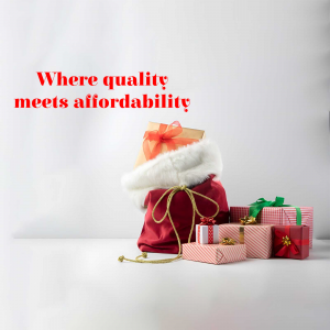 Santa's sack overflowing with Christmas gifts and a tagline about quality and affordability.