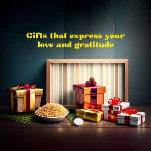 Gift boxes with sweets and a decorative frame