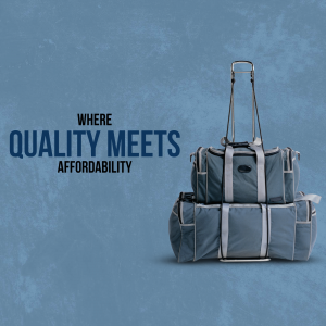 Stack of grey and white duffel bags with a rolling luggage on top, with text 'Where Quality Meets Affordability'