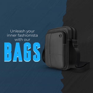 Black messenger bag with the text 'Unleash your inner fashionista with our BAGS'