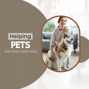 Woman with a Husky dog in a living room with text 'Helping Pets live their best lives.'
