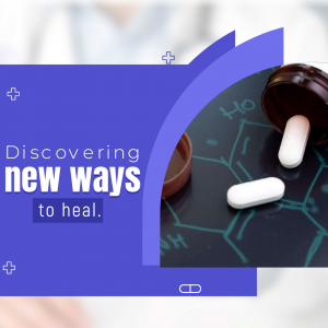 Image depicting medical research with pills and a molecular structure background.