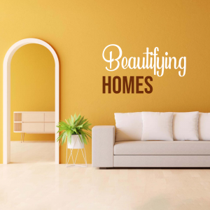 Modern living room with a minimalist design and the text 'Beautifying Homes'