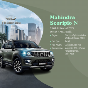 Front view of a grey Mahindra Scorpio N SUV with city skyline in the background